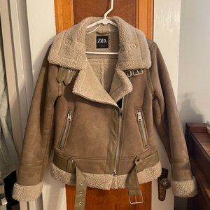 Zara Sherpa Suede Motorcycle Aviator Jacket